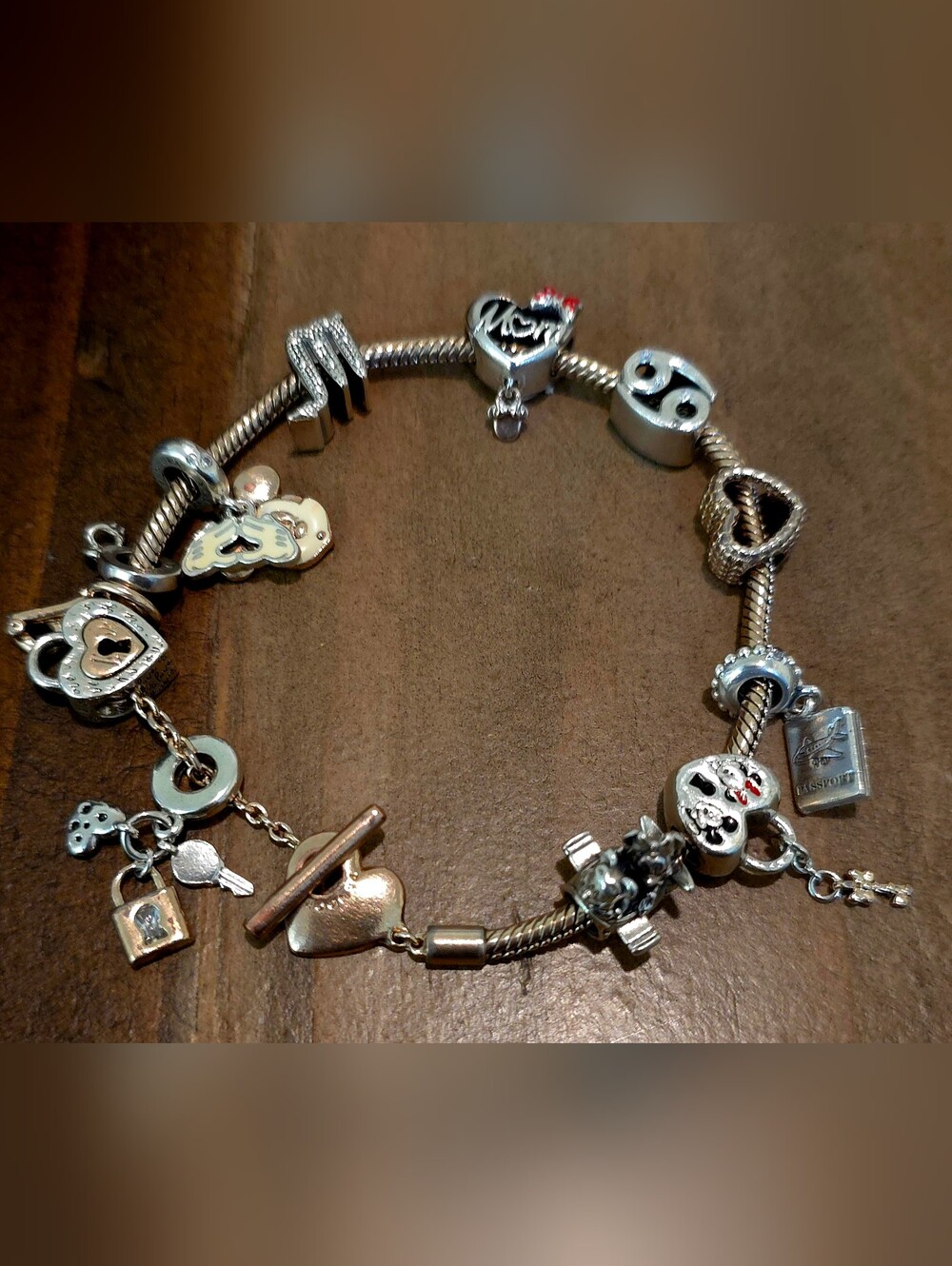 PANDORA Moments Heart T Bar Snake Chain Bracelet W/ 12 Pandora Charms 4 DISNEY